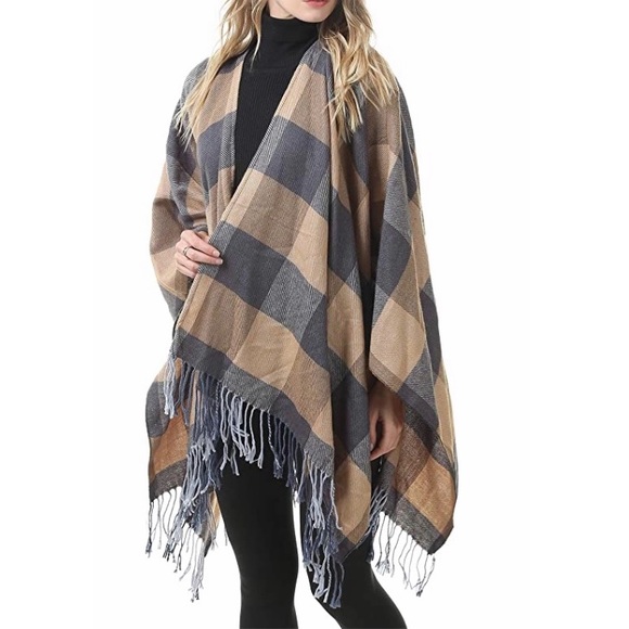 Accessories - Plaid Open Front Blanket Shawl Scarf Wrap Poncho